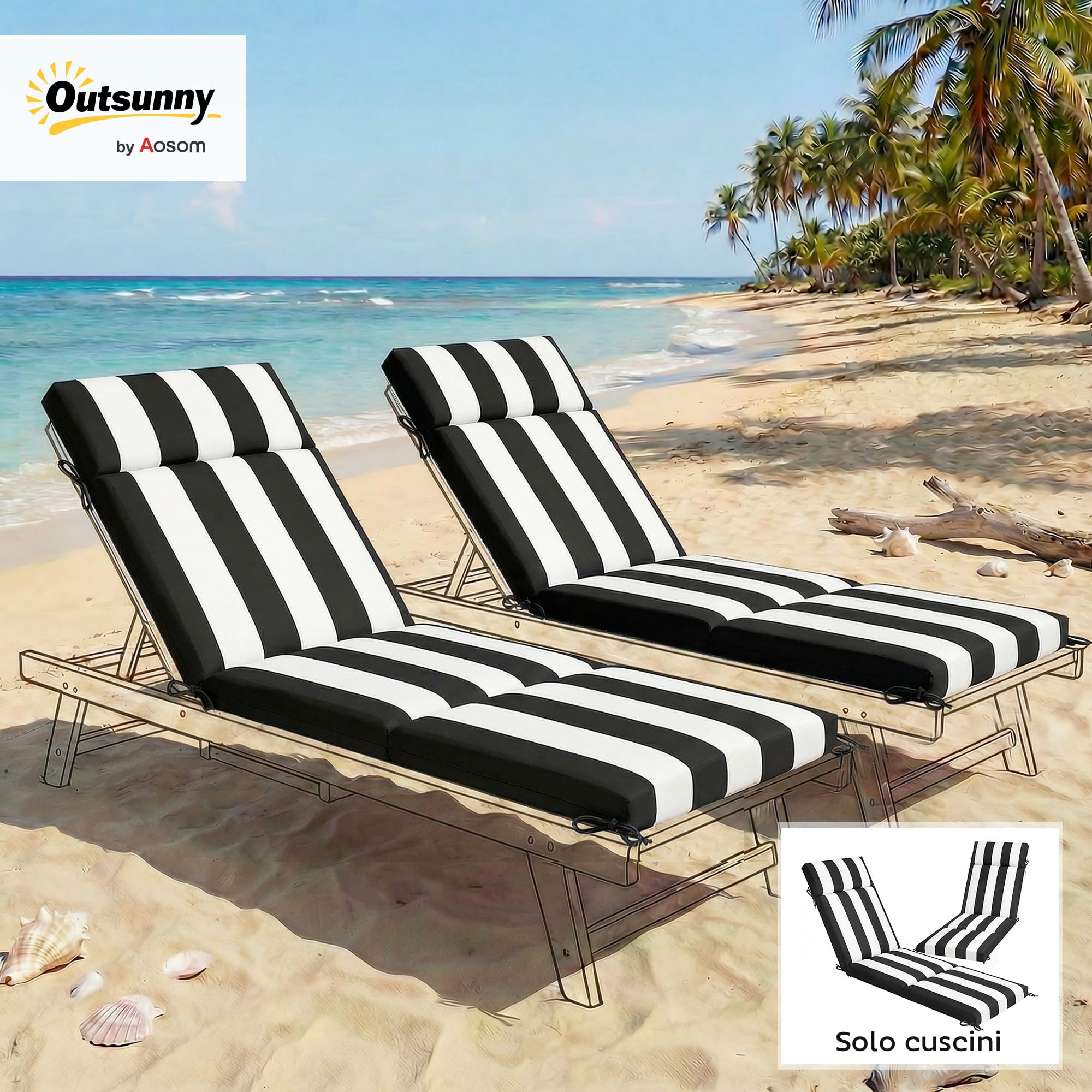 Outsunny Set 2 Cuscini per Sedie da Esterno con 6 Lacci di Fissaggio, Cuscini da Esterno Imbottito in Poliestere, per Sdraio Prendisole Giardino Patio, 183x53.5x6.5 cm, UV30+, Nero e Bianco