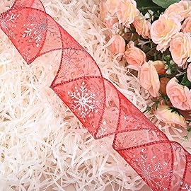 Livder 2.5 Inch Wide Christmas Wired Ribbon Snowflake Organza Sheer Glitter Ribbon for Xmas Tree, Wreath, Party Decoration, Gift Wrapping (Red, 10.9 Yards)