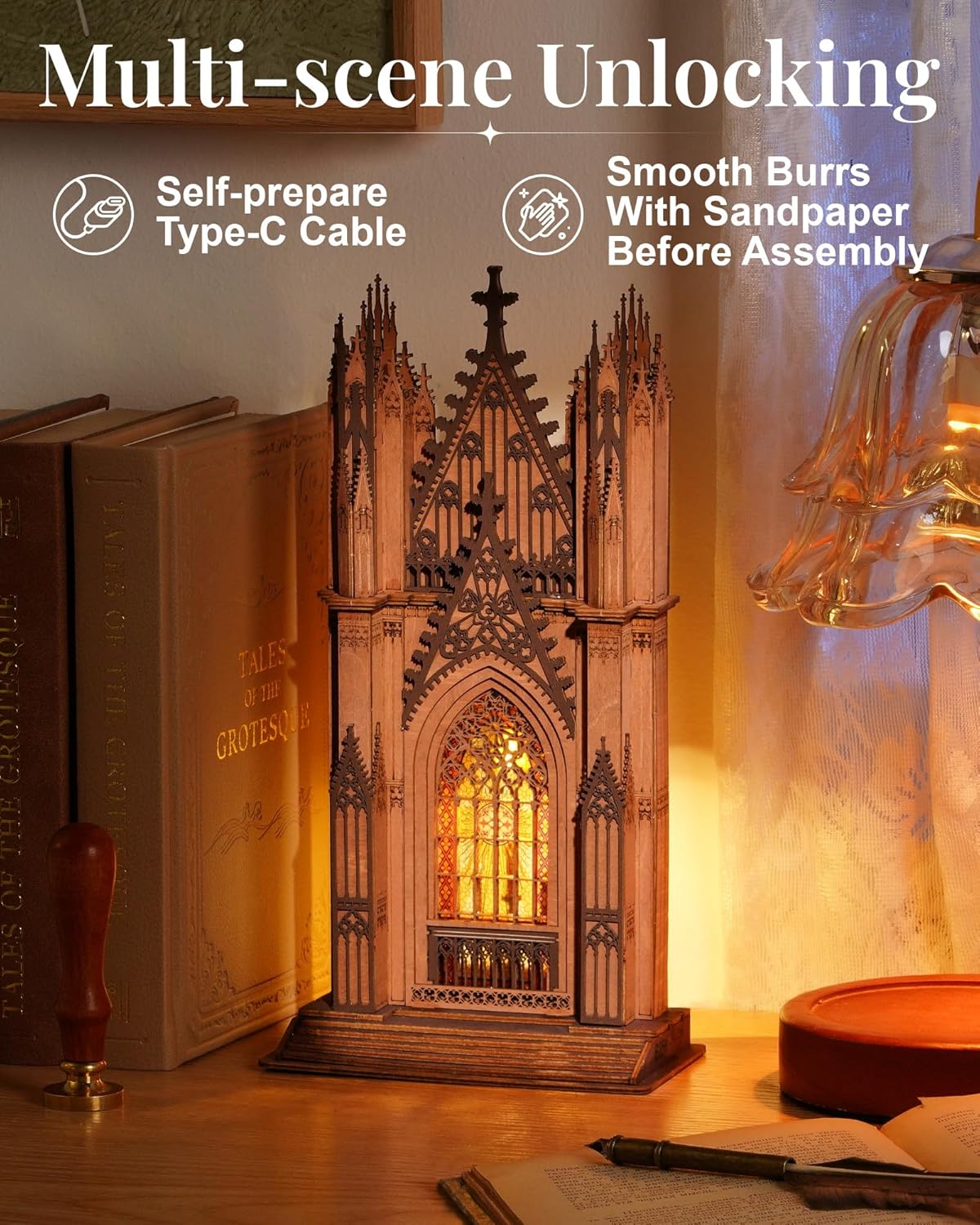 Rowood 3D Puzzles for Adults,Gothic Architecture Wooden Model Kit Buiding Set,DIY Adult Craft Kits with LED,Chirstmas Birthday Gift-Twin-Tower Cathedral