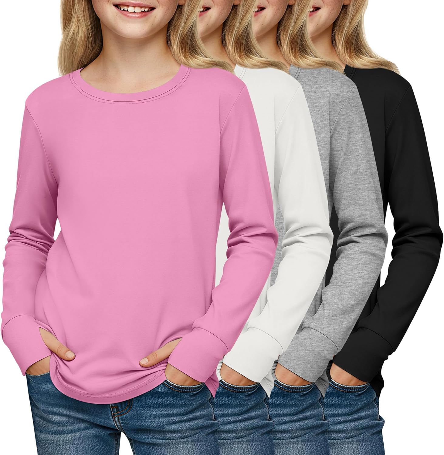 4 Pack Girls' Cotton Shirts with Thumb Holes Long Sleeve Basic Crew Neck Tops Casual Lightweight Tees 5-14Y