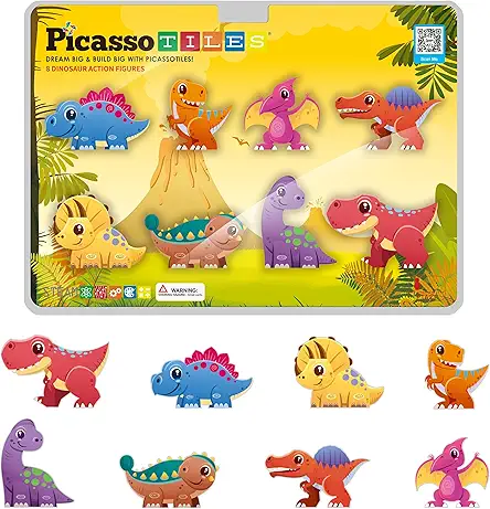PicassoTiles 8pc Magnet Tiles Building Blocks 8 Dinosaur...