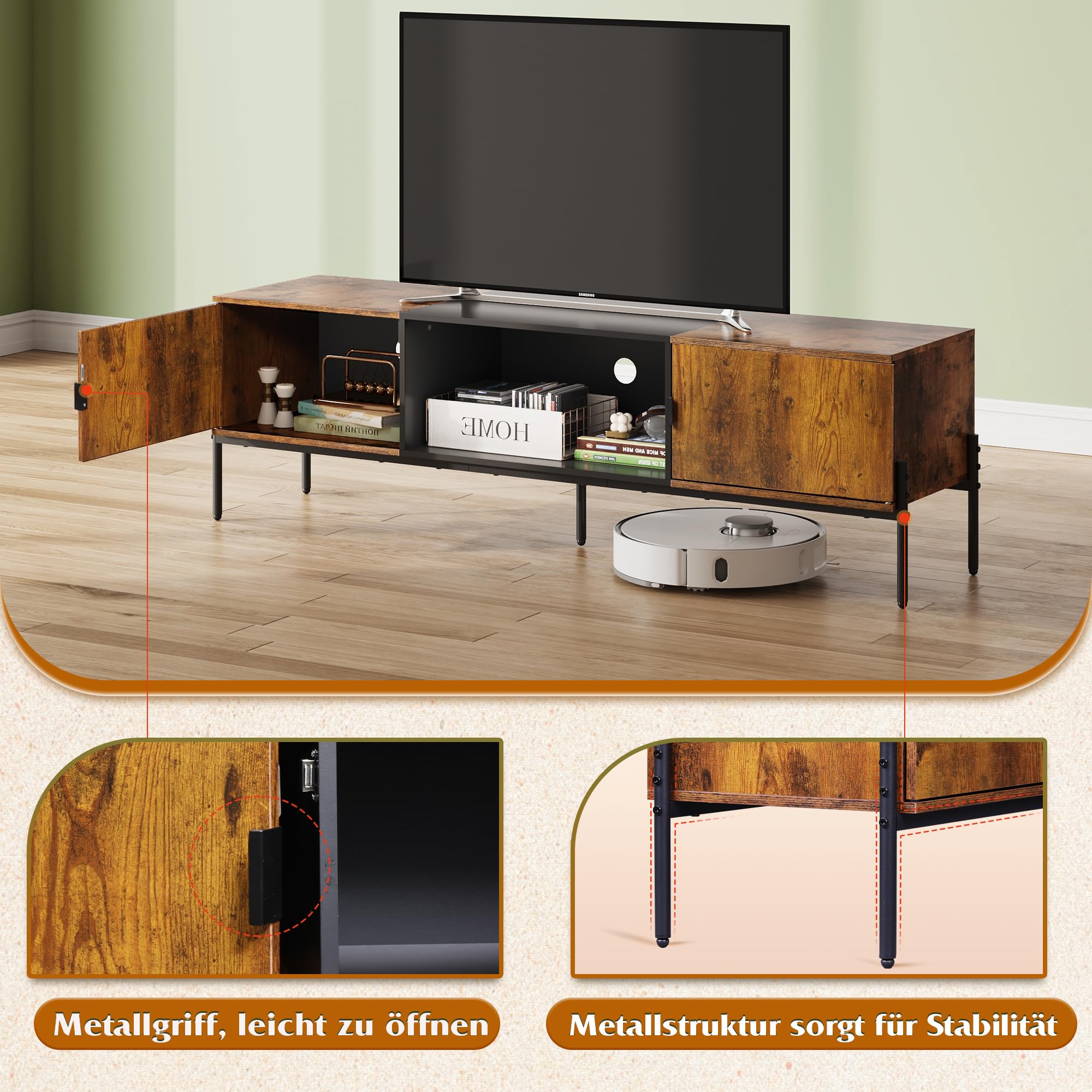 WLIVE TV Schrank, Lowboard für Fernseher bis zu 65 Zoll, 147 x 37 x 45 cm, Fernsehschrank TV Board mit Offenen Stauraum, Fernsehtisch für Wohnzimmer und Schlafzimmer Modern Stand for