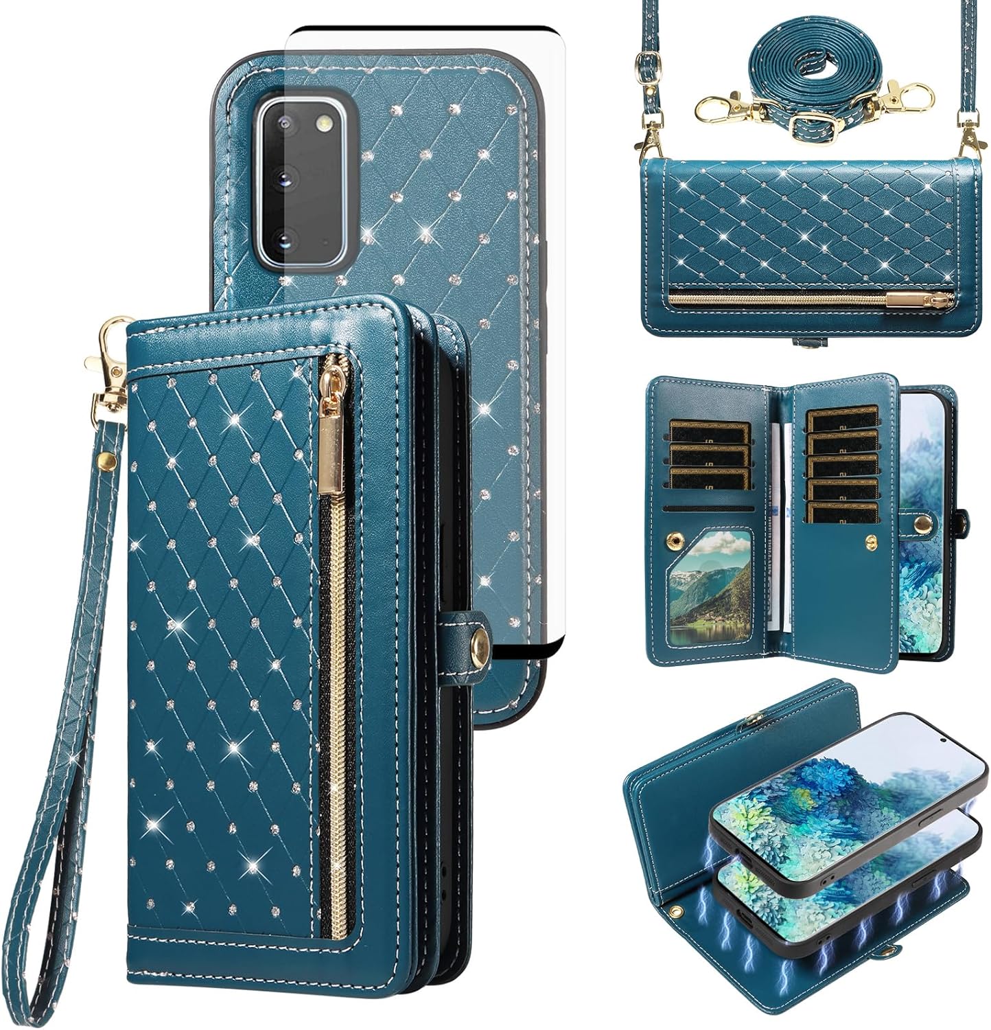 Asuwish Phone Case for Samsung Galaxy S20 5G 6.2 inch Zipper Wallet Detachable Magnetic Cell Cover Screen Protector Crossbody Strap Bling Flip Credit Card Holder S 20 20S UW S2O G5 Women Light Blue