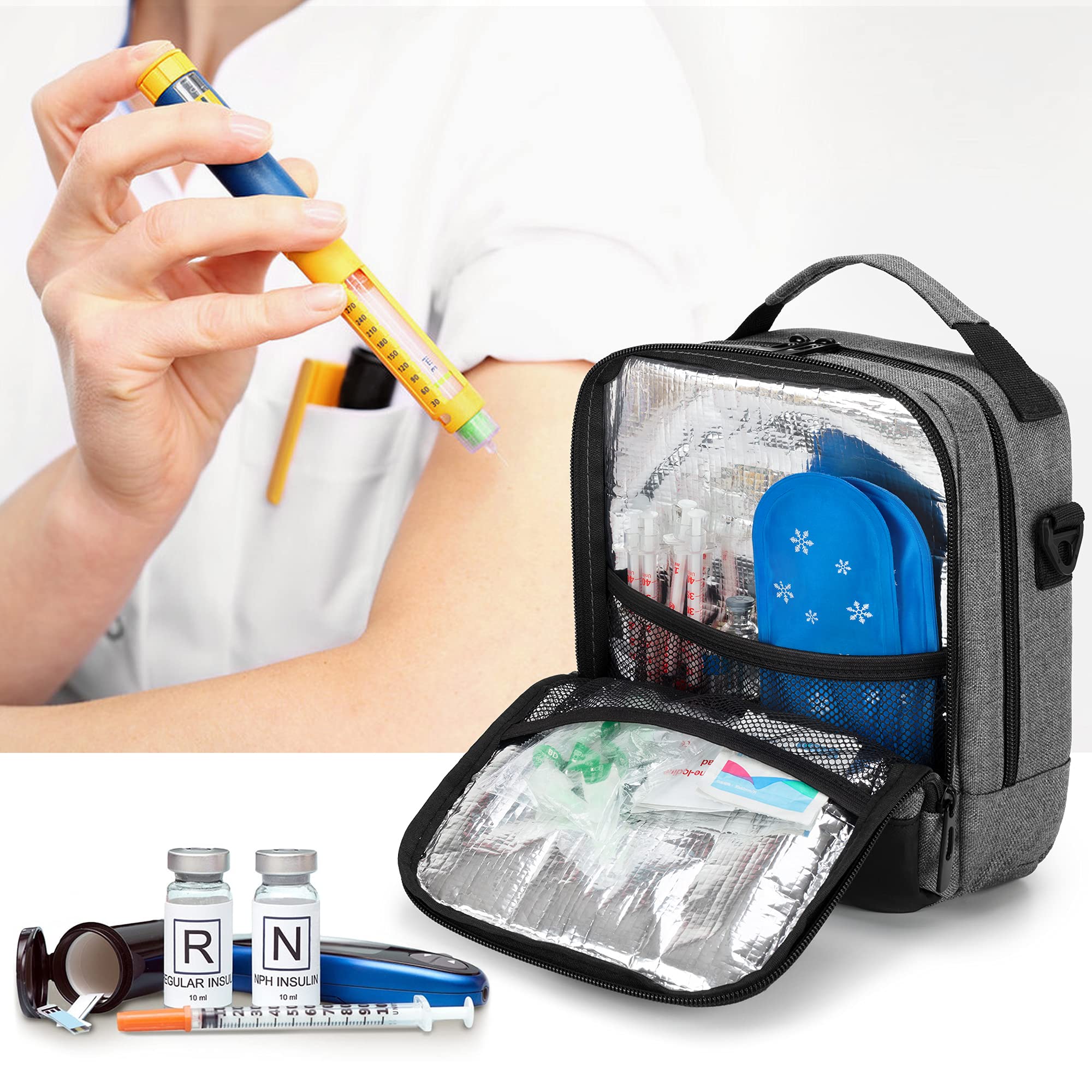 CURMIO Borsa termica per insulina da viaggio, borsa per alimenti per il diabete con tracolla per penna per insulina, glucometro e forniture per diabetici, Grigia (solo borsa)