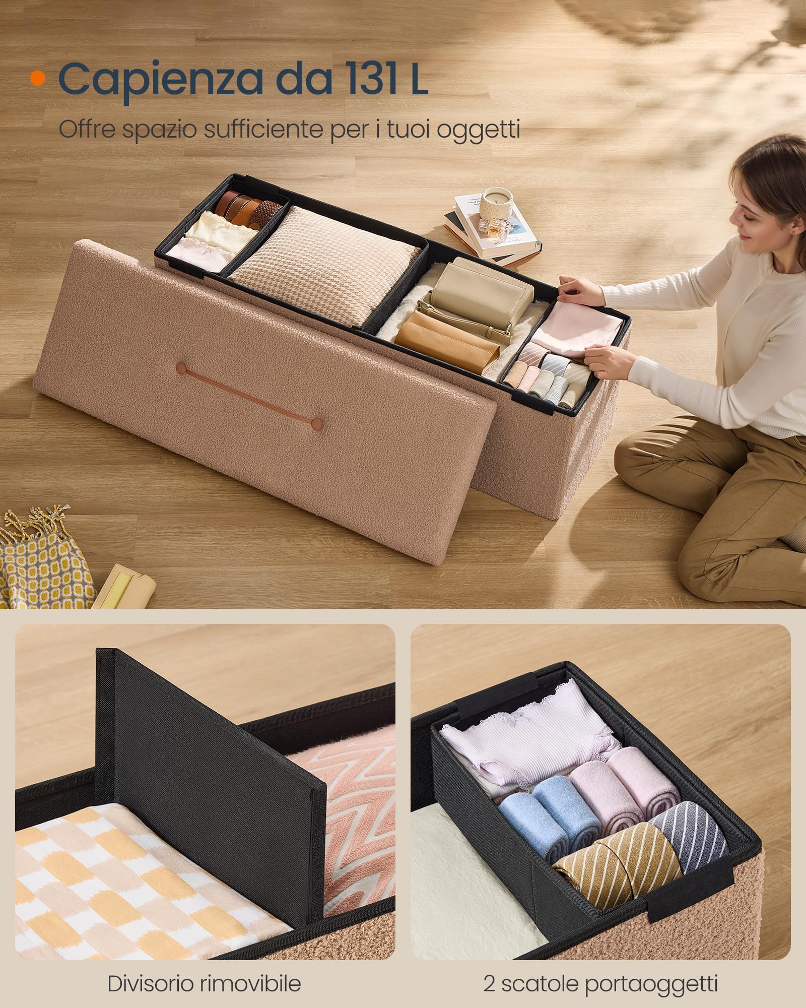 SONGMICS Cassapanca, Pouf Contenitore, Sgabello Poggiapiedi Pieghevole 38 x 110 x 38 cm, Regge fino a 300 kg, per Soggiorno, Camera da Letto, Ingresso, Marrone Cammello LSF097K01V1