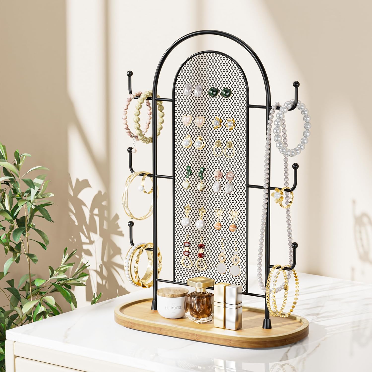 Jewelry Holder Organizer Earring Display - Stands Earring Storage Earring tree Hanger Jewelry Towers Rack with 6 Hooks 300 Stud Holes Wood Tray for Necklaces Bracelets Rings - Image 3