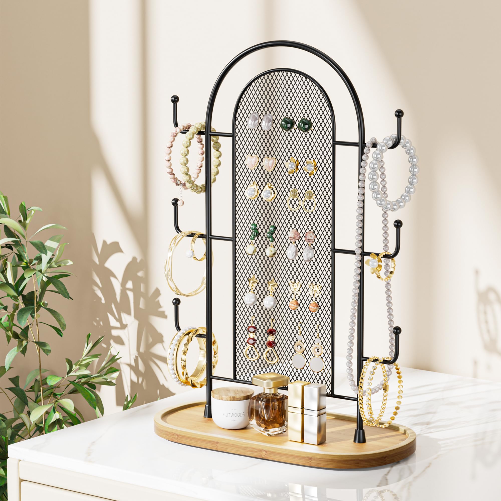 Bussdis Jewelry Holder Organizer Stand - Gold Metal Tree With 300 Earring Holes & 6 Hooks, Wooden Tray Base - View #10