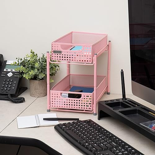 Miniatura 2 de Mind Reader Gabinete, organizador de cestas de almacenamiento de malla, hogar, oficina, cocina, baño, tamaño único, color rosa, 2 niveles