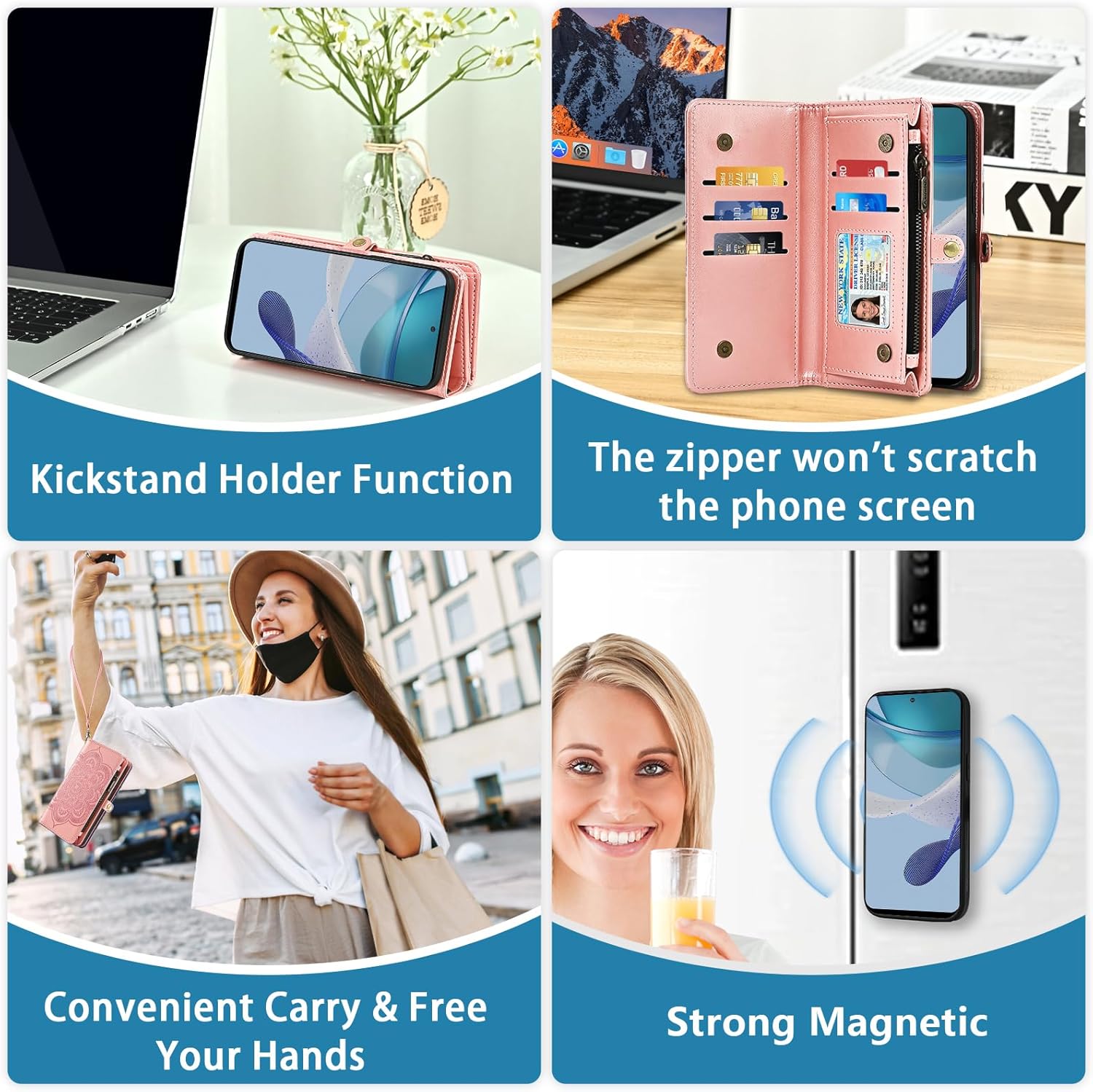 Asuwish Phone Case for Motorola Moto G 5G 2023 Zipper Wallet Magnetic Detachable Cell Cover with Tempered Glass Screen Protector Crossbody Strap Mandala Flower Card Holder G5G G5 Women Girls Rose Gold