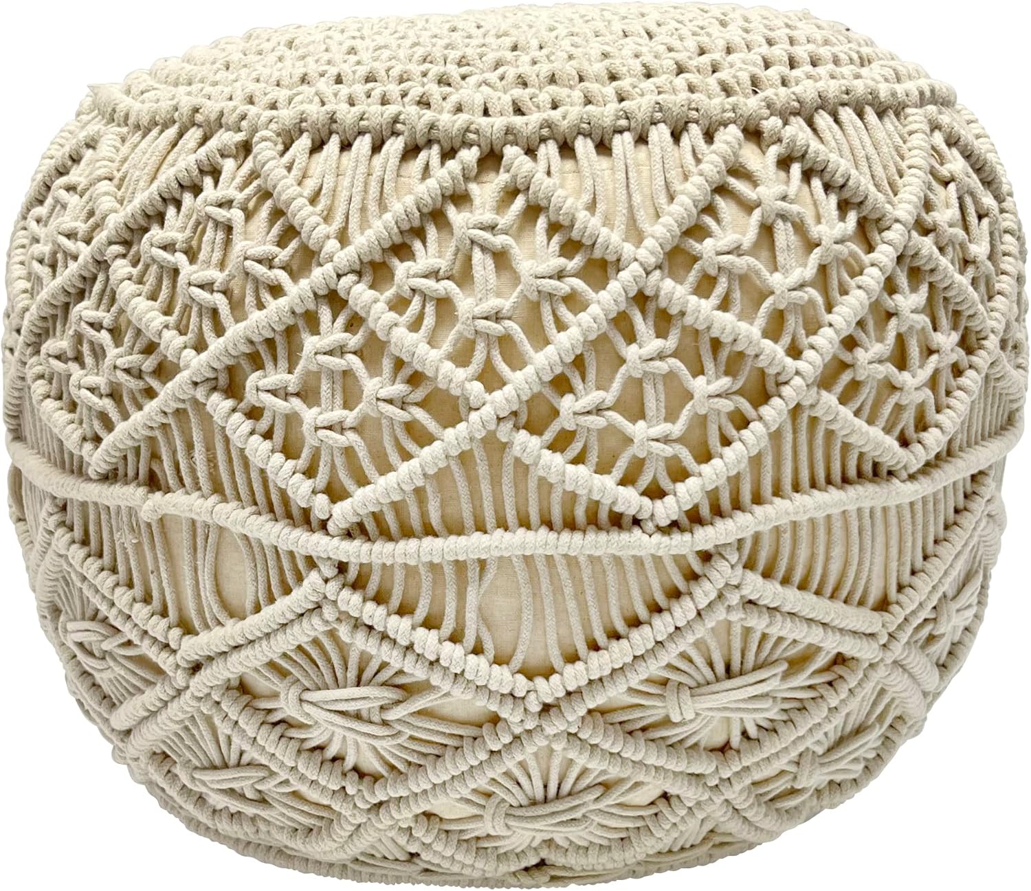 Northlight 18" Solid Cream Macrame Round Handmade Cotton Pouf Ottoman