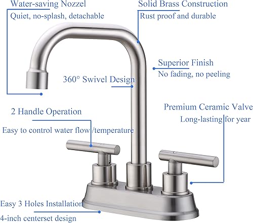 Miniatura 3 de Zexzen Grifo de lavabo de baño de 2 manijas de níquel cepillado, grifo de lavabo de baño central de 4 pulgadas, grifo de baño de 3 agujeros con dos