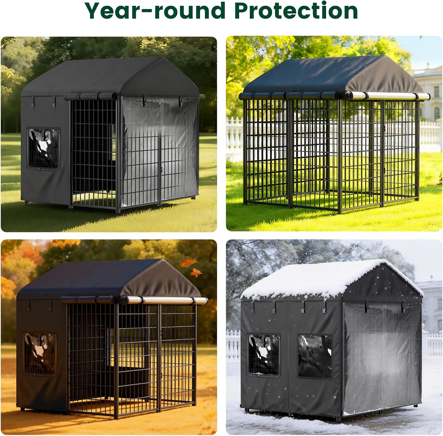PawGiant Dog Kennel Cover Outdoor, Full Coverage Waterproof Tarp for 4x4x4.5ft Dog Crate with 600D Oxford Fabric, 4 Transparent Window & Door Curtains for Enclosure Outside, Small