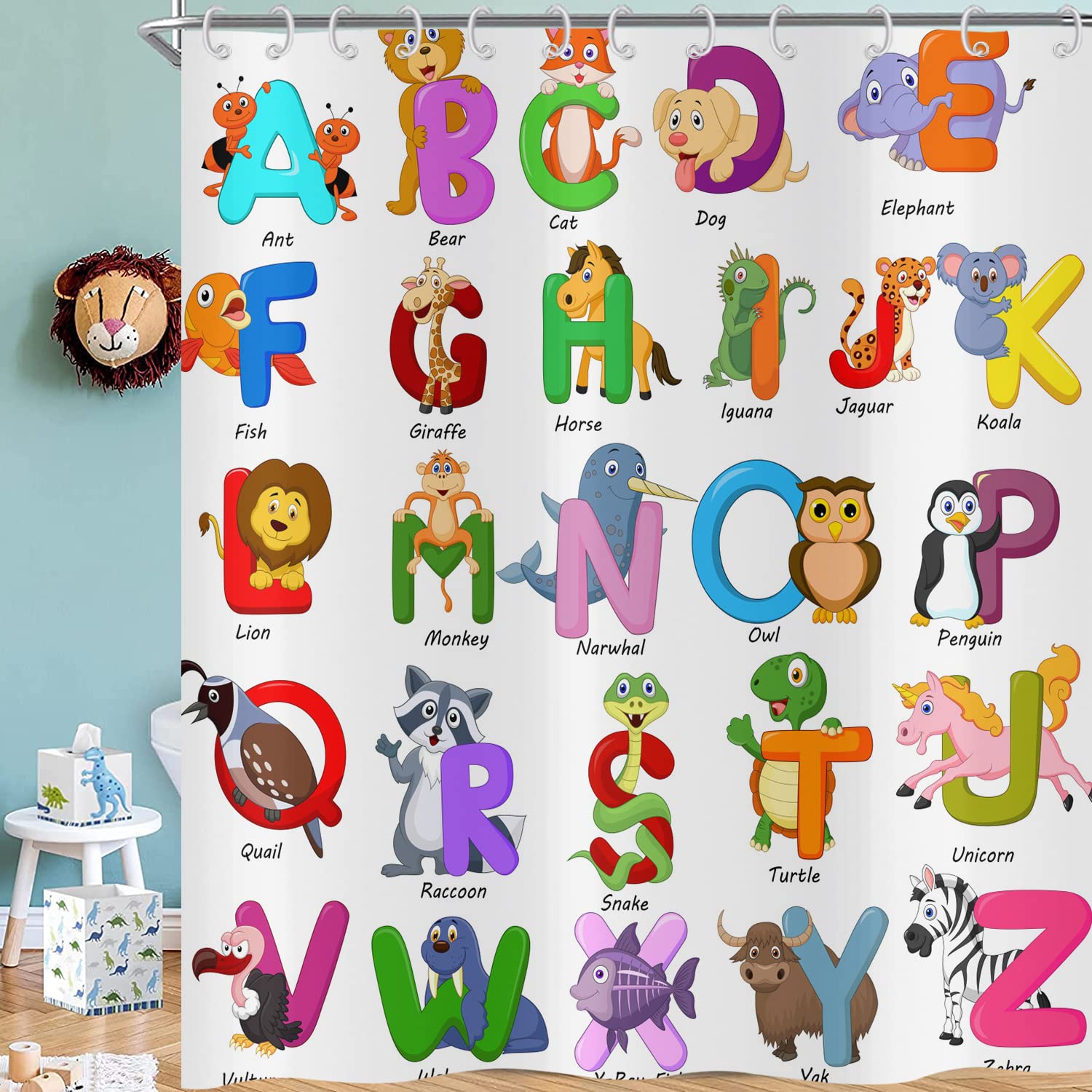 Hnmdmyi Alphabet Shower Curtain 180x200, Kids Educational Cute Cartoon ABC Learning Tool Bathroom Curtains Funny Animals Teaching Words Colorful Waterproof Polyester Fabric Bath Curtains with Hooks