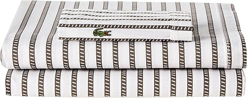 Lacoste Juego de sábanas de percal 100% algodón, estampado de rayas, gris oscuro, tamaño individual