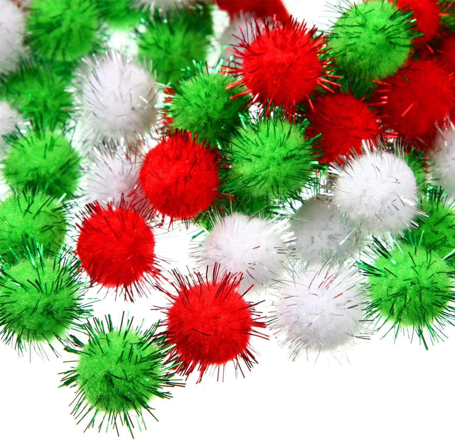 Shappy 1000 Pieces Glitter Pom Poms 0.6 Inch Fuzzy Pompoms Arts and Crafts Balls for Hobby Supplies and Craft DIY Material (White, Fruit Green, Red)
