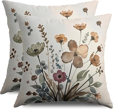 Floral Pillow Covers 18X18 Set of 2, Brown Watercolor Flower Pattern Decorative Throw Pillow Covers Outdoor Farmhouse Modern Aesthetics Art Cushion Cases Couch Sofa Bed Decor