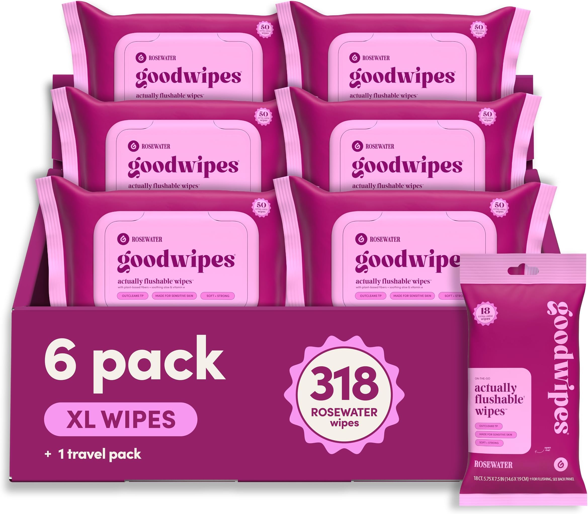 Flushable Butt Wipes - Vitamin E & Aloe - Sewer & Septic Safe - Extra Large Adult Wet Wipes For Women & Men - Bathroom Essentials - Rosewater, 318 Count (6 Packs + 1 Travel)