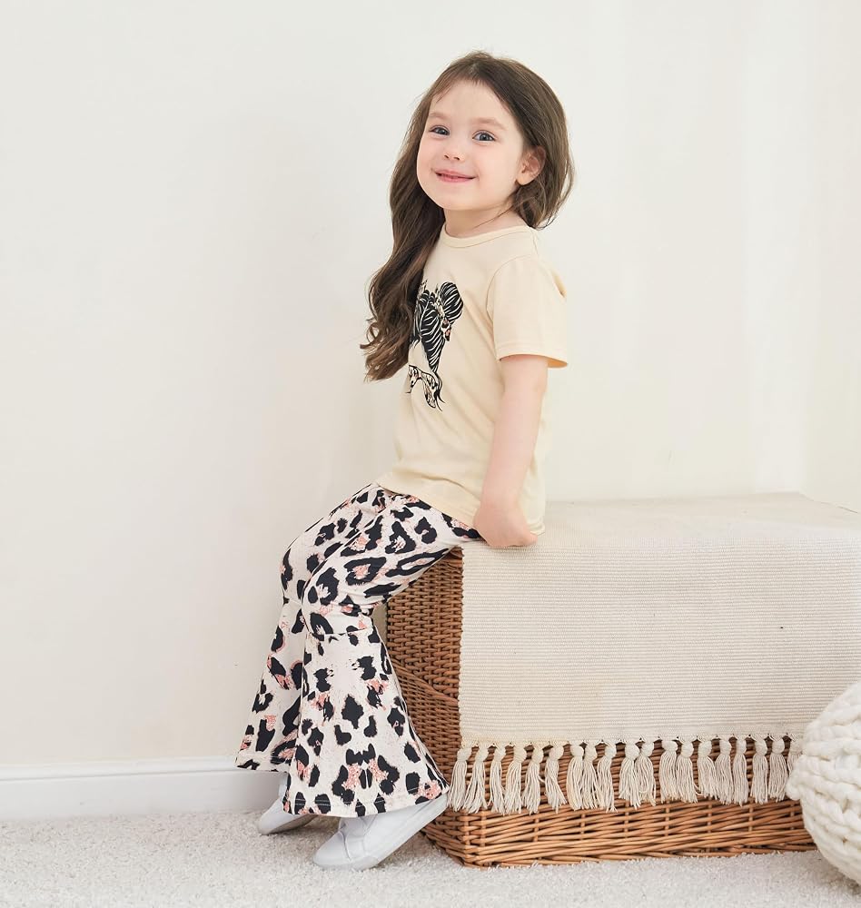 Ayzozuy Kids Toddler Girl Clothes Letter Print Graphic Top + Leopard Print Flare Leg Pants 2PC Summer Clothing Set