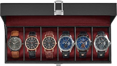SONGMICS Caja de reloj, caja de reloj de 6 ranuras con tapa de cristal grande