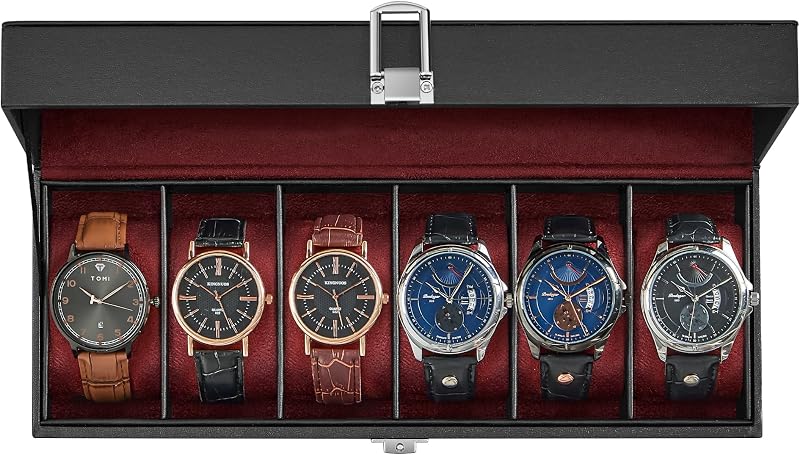 SONGMICS Caja para Relojes, Caja para Relojes de 6 Ranuras con Tapa de Vidrio Grande | Almohadas Desenfundables, Cuero PU Negro, Forro Rojo Vino, Regalo para los Seres Queridos, Colección BRIDIE UJWB006R01