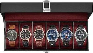 SONGMICS Watch Box, 6-Slot Watch Case with Large Glass Lid, Removable Watch Pillows, Watch Box Organizer, Gift for Loved Ones, Black Synthetic Leather, Wine Red Lining UJWB006R01