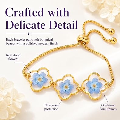 Triple Forget-Me-Not Flower Bracelet, Gold Adjustable Box Chain, Pressed Botanical Jewelry, Sentimental Keepsake for Women (Gold)