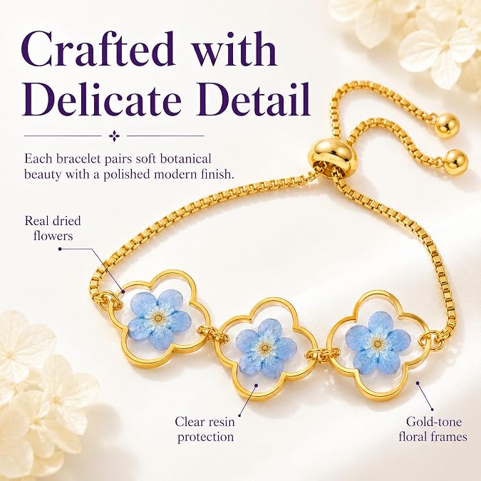 Triple Forget-Me-Not Flower Bracelet, Gold Adjustable Box Chain, Pressed Botanical Jewelry, Sentimental Keepsake for Women (Gold)