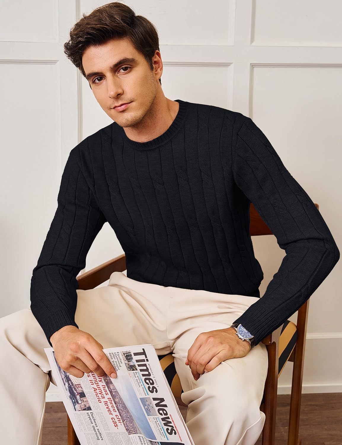 Cotrasen Men's Crewneck Sweater Cable Knit Pullover Sweater Casual Long Sleeve Twist Textured Sweaters - Image 5