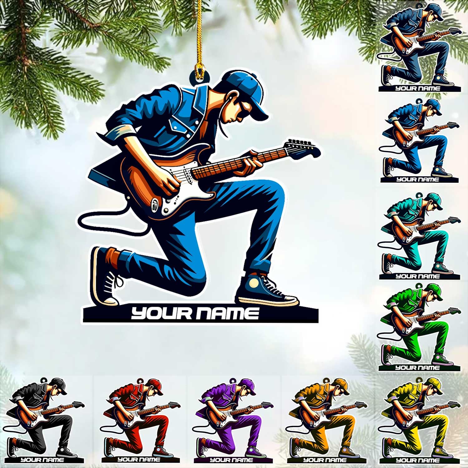 Personalized Acoustic Guitar Ornament - Christmas Plastic Wooden Musical Instrument for Band, Red Electric Instrument, Custom Name Gift for Guitarist,