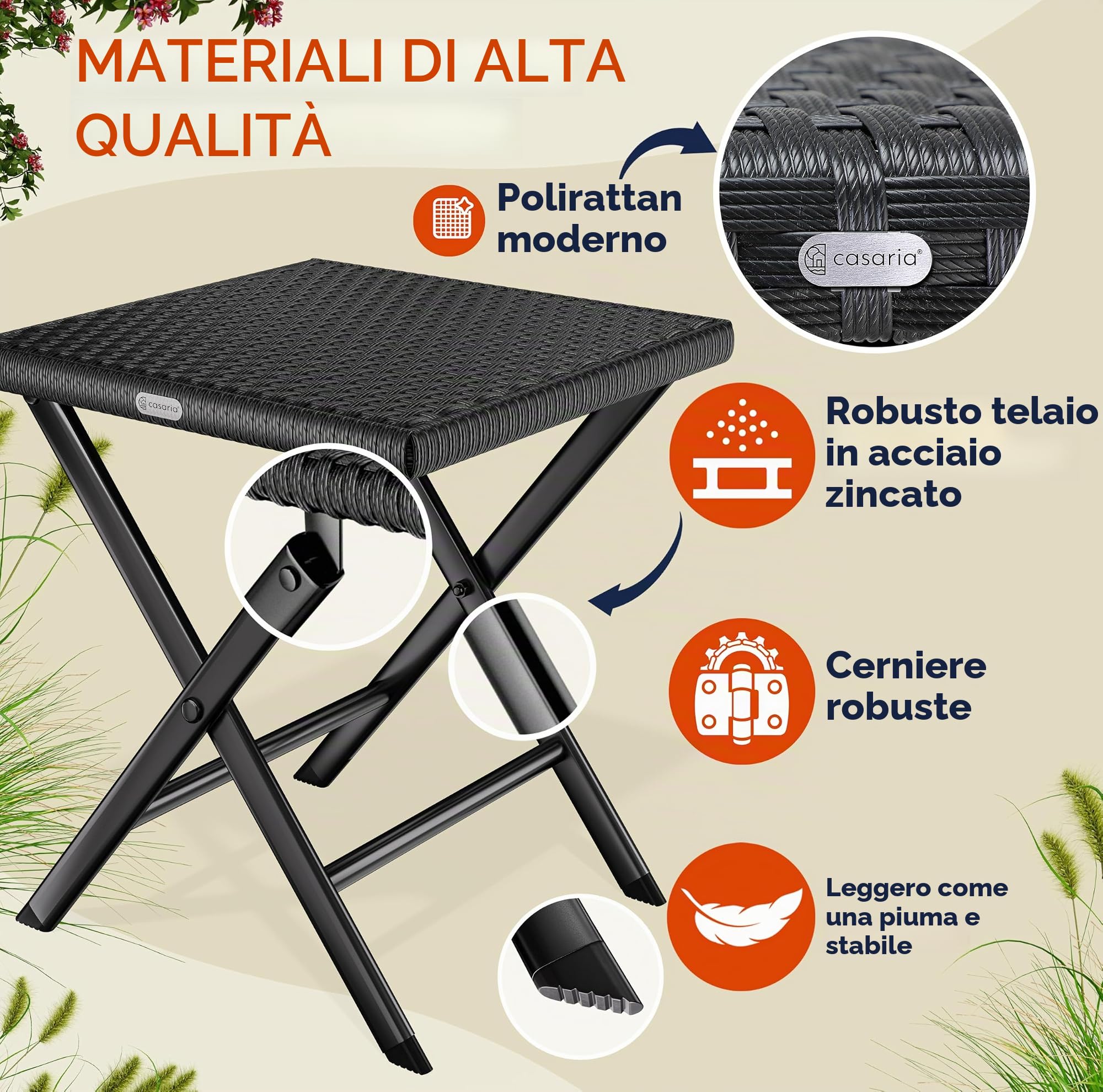 Casaria® Set di 2 Sgabelli Pieghevoli in Polyrattan Max Carico 75 kg 44x40x44cm Giardino Terrazza Balcone Campeggio