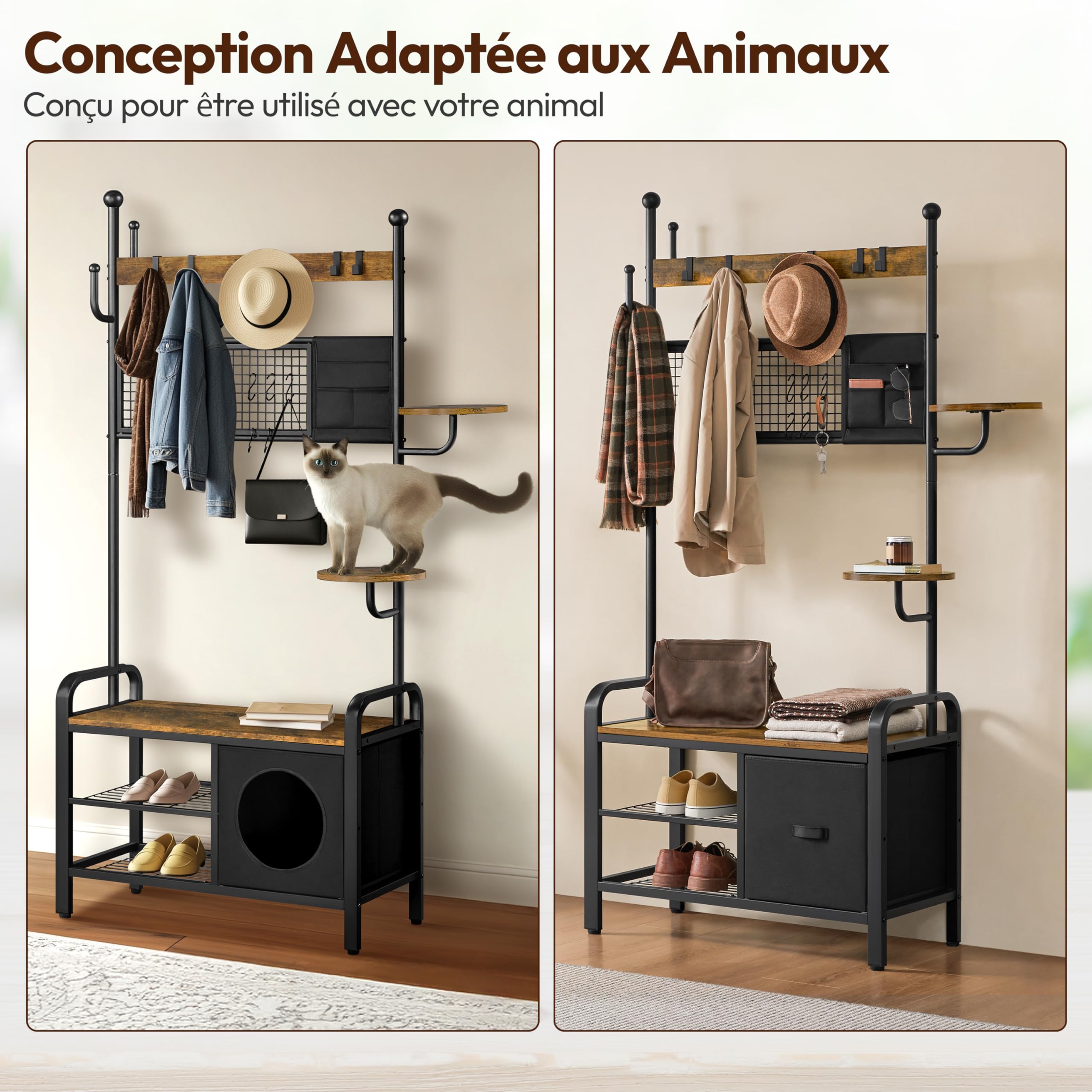 Yaheetech Porte-manteau avec Étagère à Chaussures, Meuble d’Entrée avec Banc, Crochets, Étagère et Niche Chat, 109 x 41,5 cm x 183,5 cm, Style Industriel Chat-Humain, pour Entrée, Couloir, Chambre | Meuble d'entrée peu encombrant | Banc à chaussures et cr