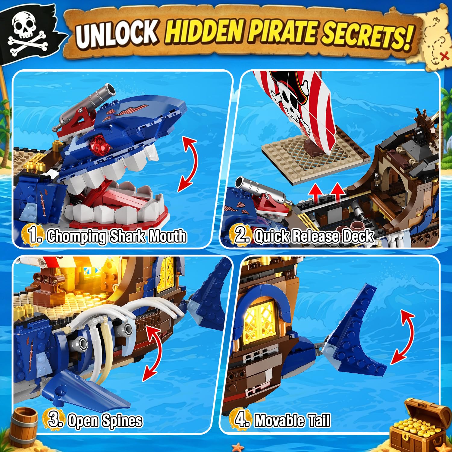 HiWEEGO Technik - Kit di costruzione a forma di nave pirata con luce LED, per bambini di 8 anni | 887 pezzi, oceano mobile, avventura, barca dei pirati, set di giocattoli con squalo, regalo per bambini da 8 a 12 anni in su