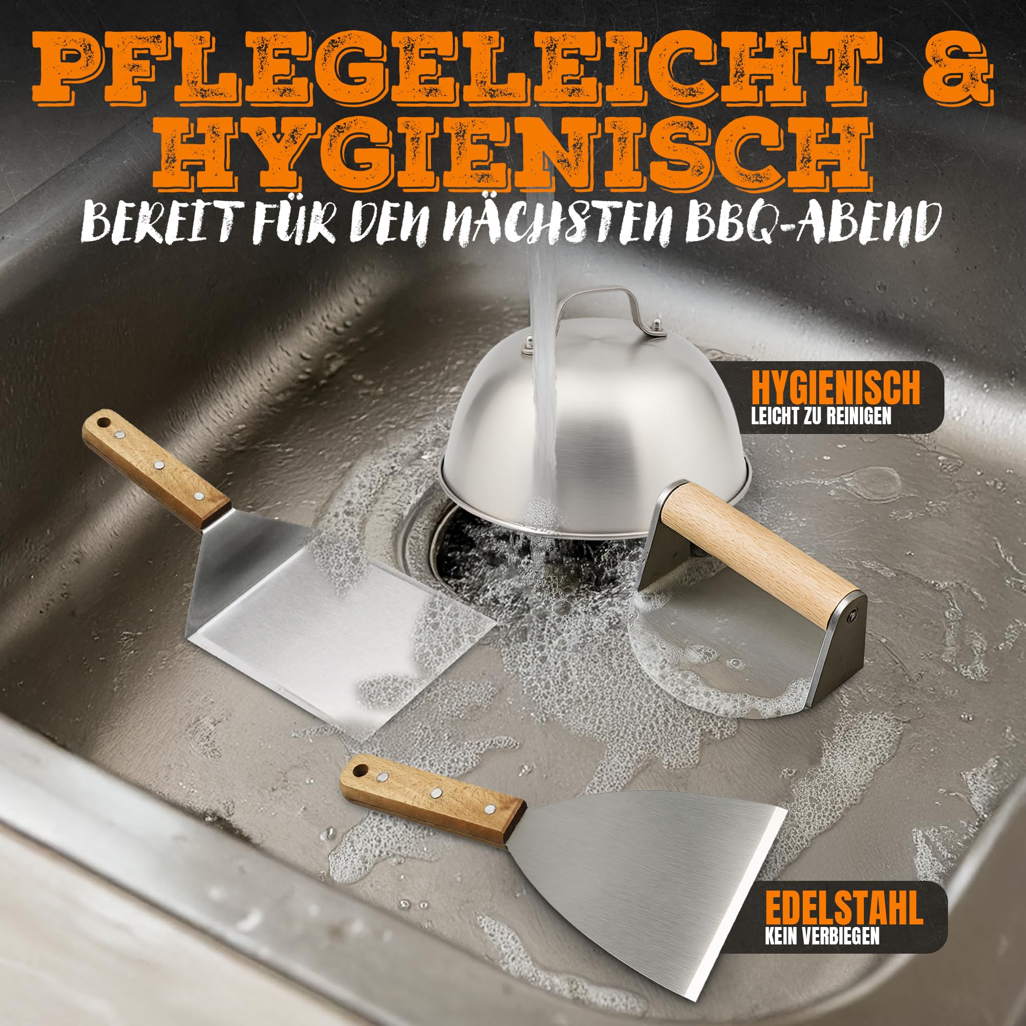 Smash Burger Set – 4-teiliges Burger Set aus Edelstahl & edlen Holzgriffen – inkl. Burgerglocke für extra Aroma - Plancha Zubehör für Smash Burger – Burger Presse, Spachtel, Wender & Glocke