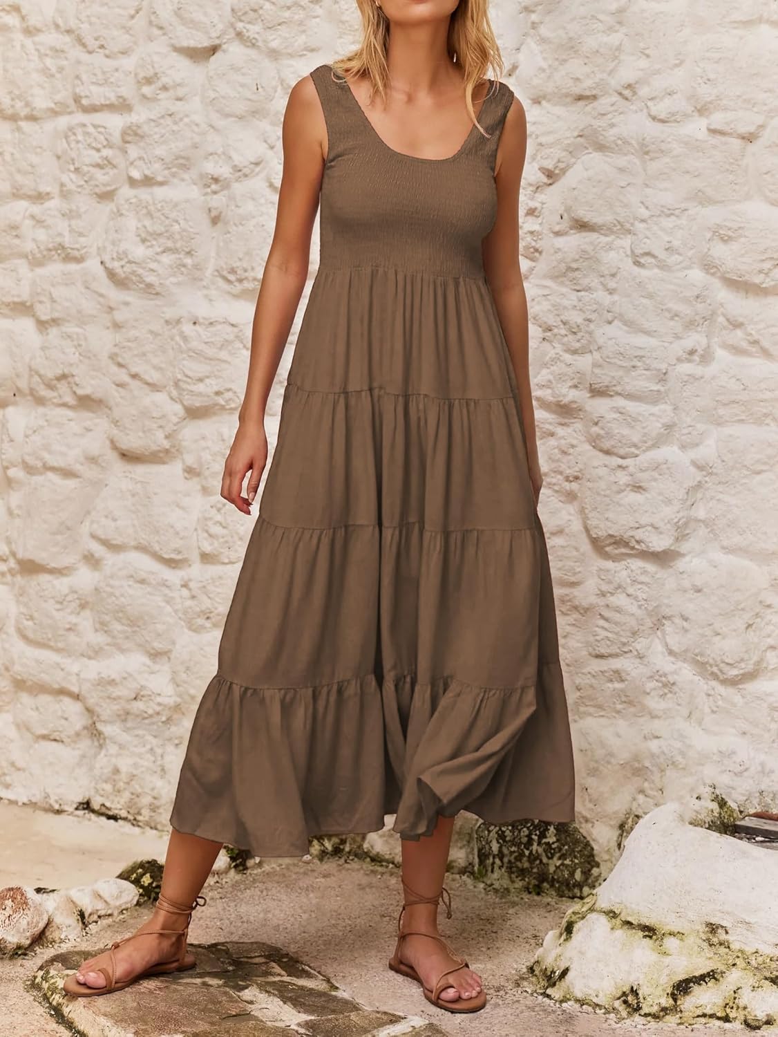 R.Vivimos Womens Summer Linen Tank Midi Dress 2026 Sleeveless Elastic Smocked A-Line Tiered Boho Casual Flowy Beach Sundress - Image 2