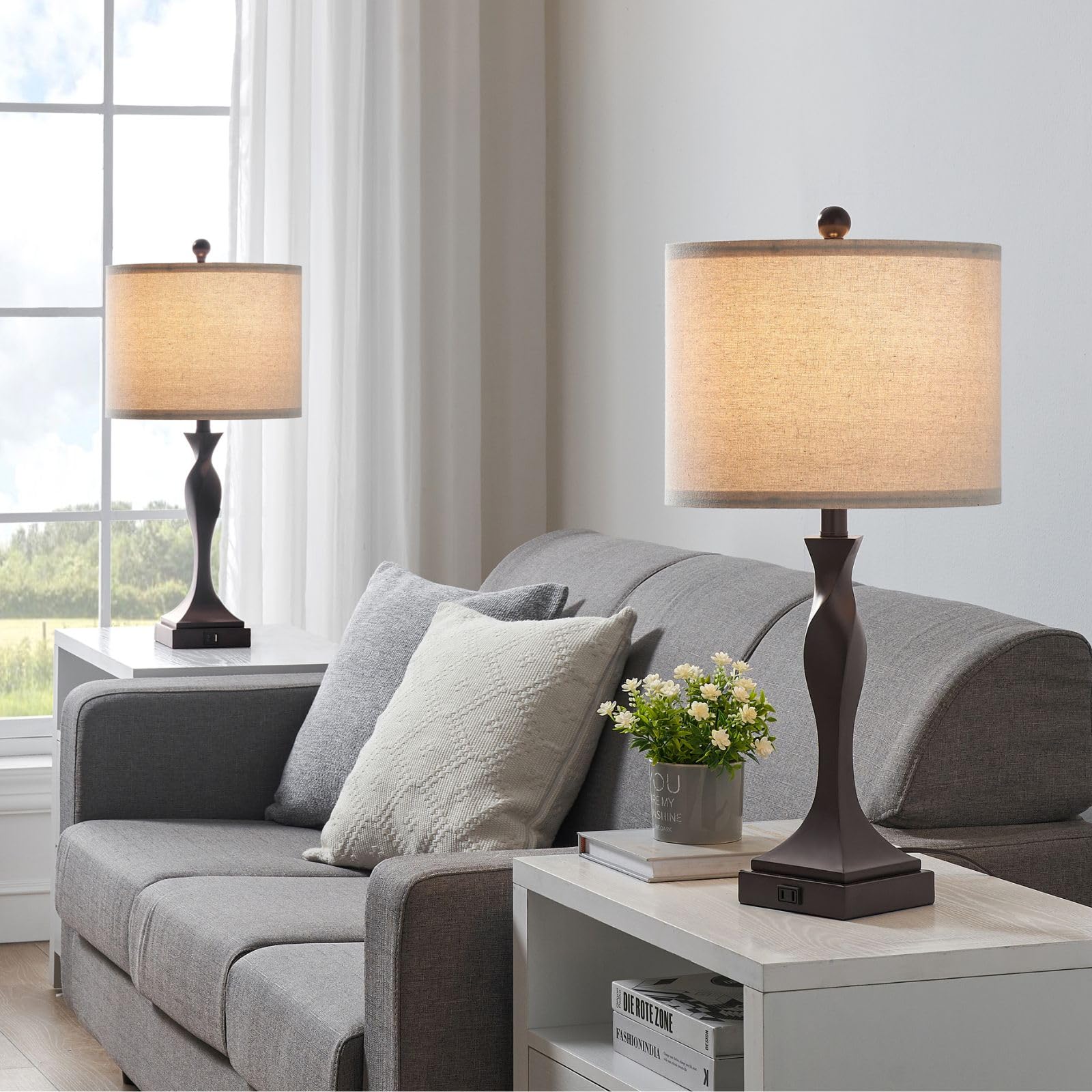 KAWOTI 25.6" Bronze Table Lamps Set Of 2 With USB Ports - Bedside Nightstand Lamps With Fabric Shades