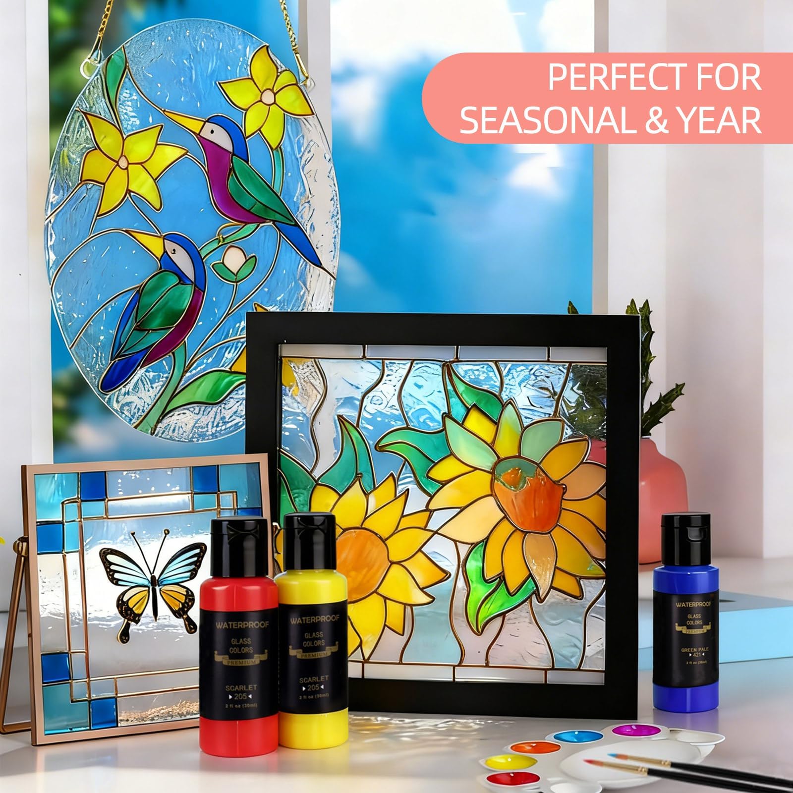 Kit de pintura permanente con 6 pinceles, 1 paleta y 1 esponja, 30 ml/botella, pintura de vidrio de 26 colores para galería, ventana, arte