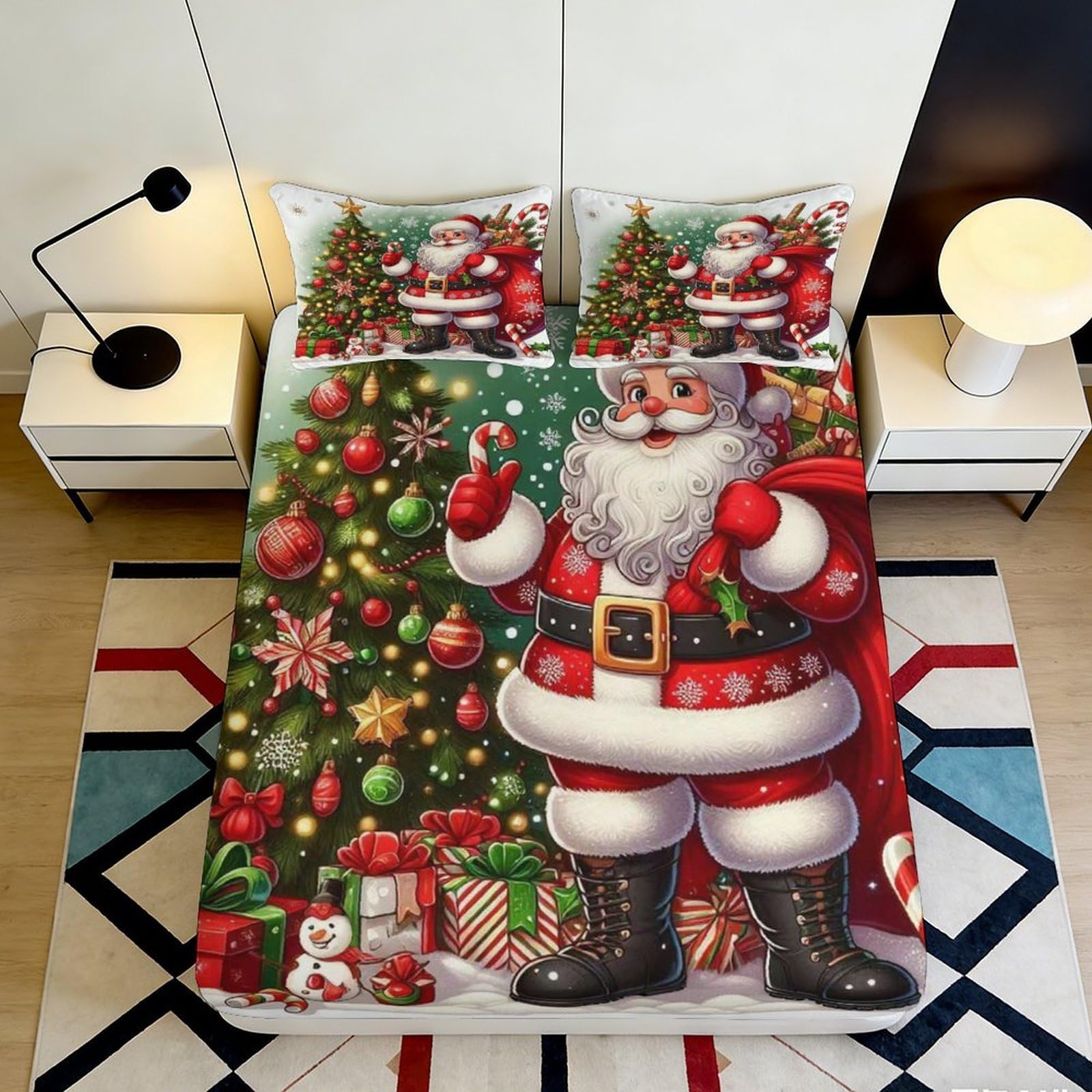 3D Printed Christmas Santa Fitted Sheet Microfiber Soft Festive Tree Bed Cover for Bedroom Guest Room Decor 90x200x25cm