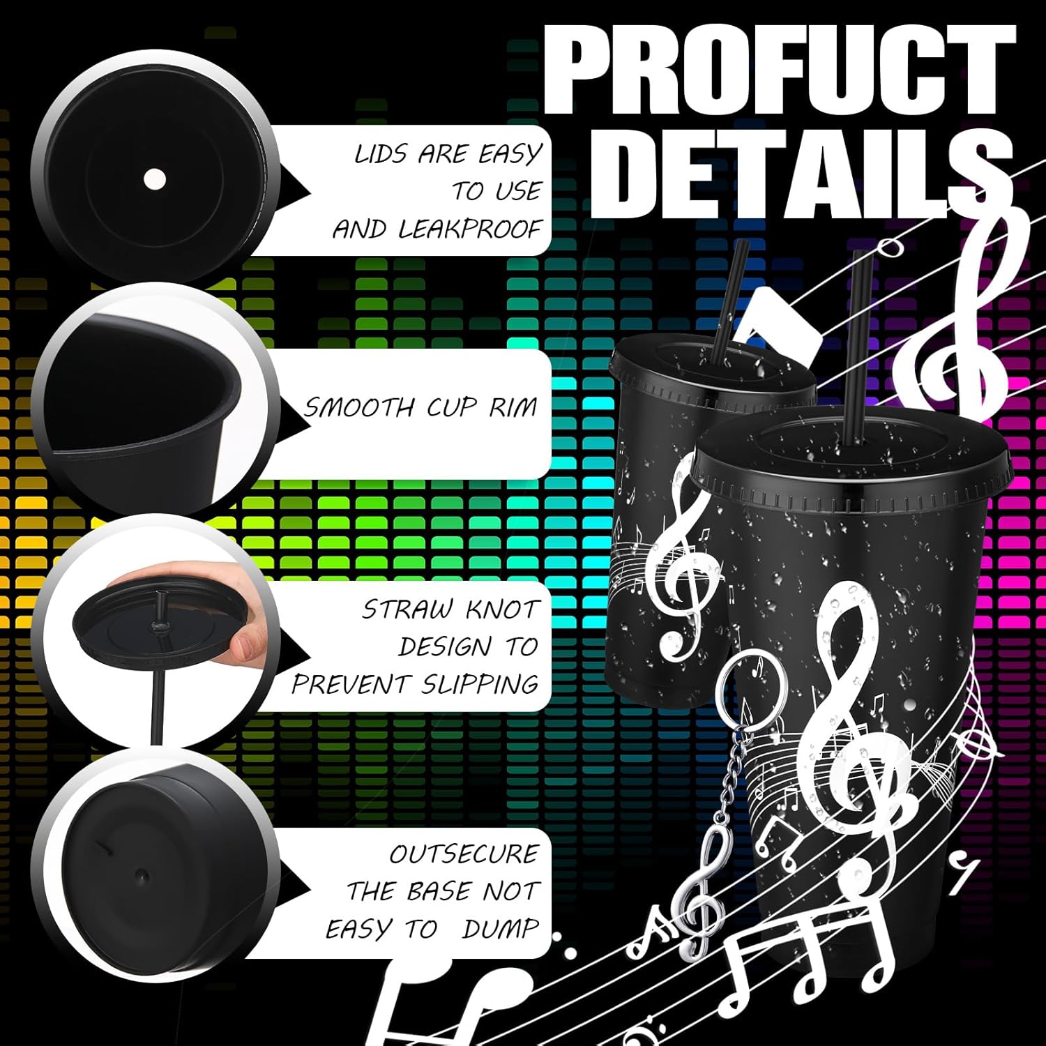 Skylety Music Themed Gifts Musical Note Tumbler Cups Bulk 24 oz Reusable Musical Note Plastic Tumbler with Straw and Lid Keychain Gifts for Music Lover Party Favor (Black,24 Sets) - Image 3