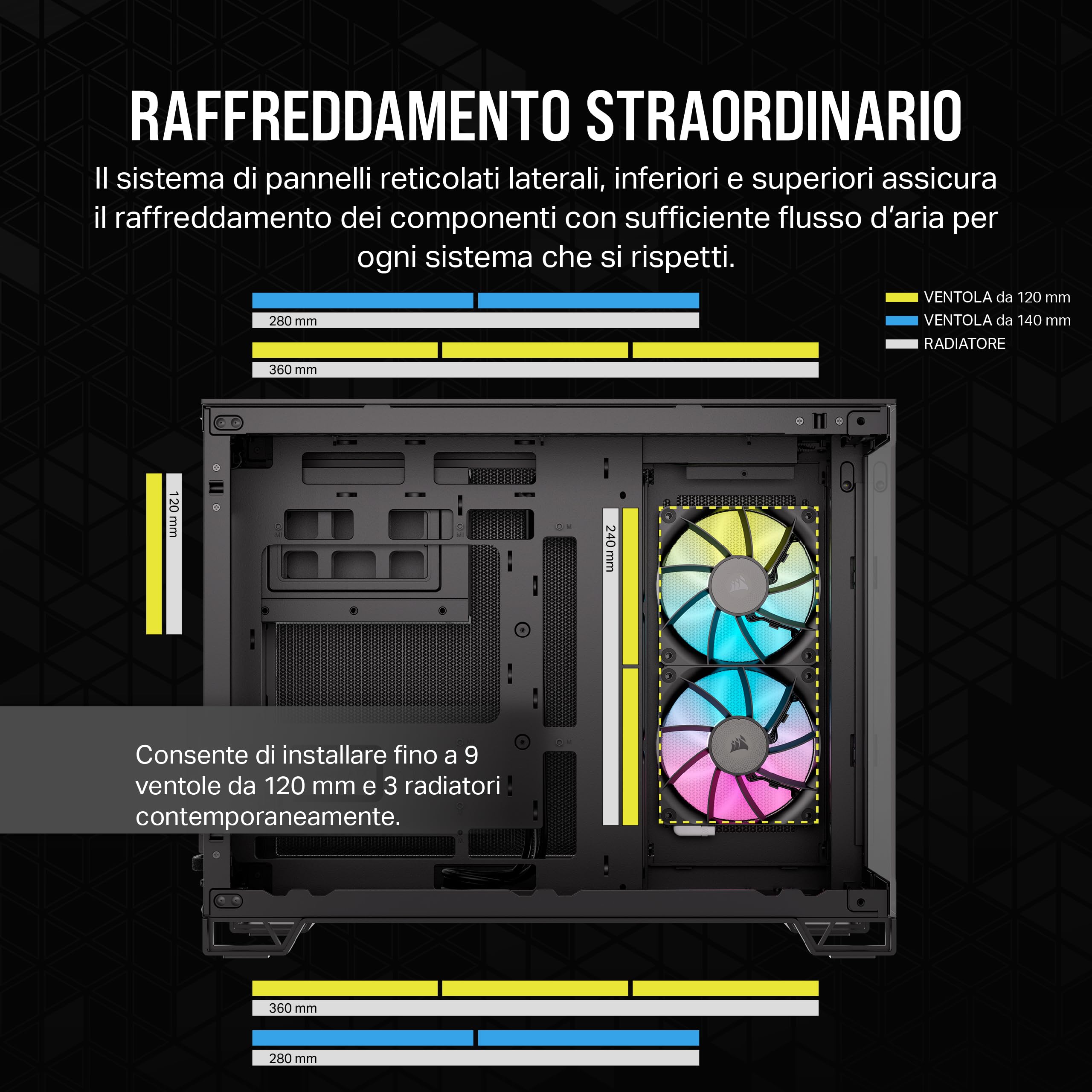 CORSAIR iCUE LINK 2500X RGB Small-Tower mATX Case per PC a Doppia Camera - Vetro Panoramico Temperato - Compatibile con Scheda Madre a Connessione Inversa - 2 Ventole CORSAIR RX120 RGB Incluse - Nero