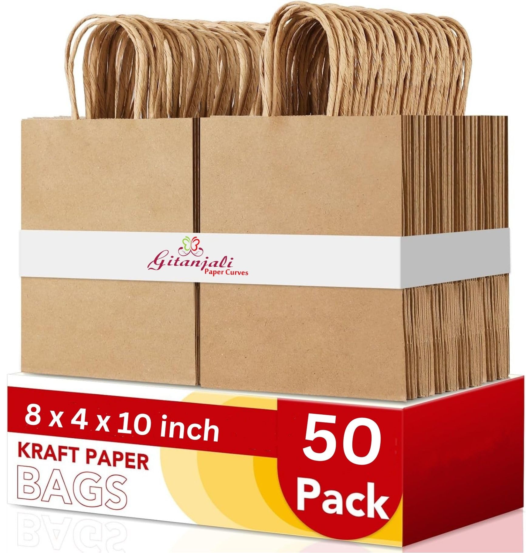 Gitanjali Paper Curves Kraft Paper Bags with Handles 8"x10"x4"(Brown) 50 pcs -Small Shopping Merchandise Retail Paper Carry Bags, Craft Paper Gift Bags - Disposable Eco Friendly covers(8x10x4 in Brown, Pack of 50)