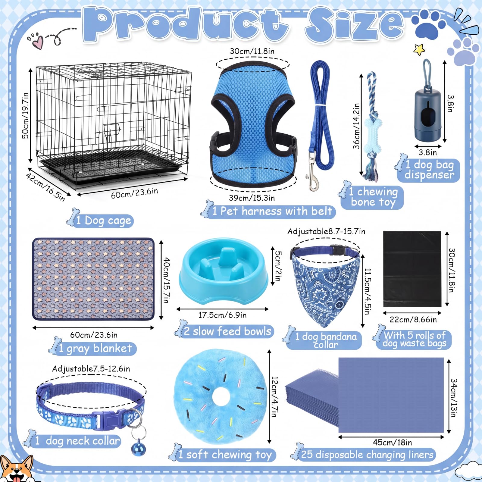 SmoothNovelty Kit de iniciación de 35 piezas para cachorros para perros pequeños, regalo esencial para cachorros, incluye jaula para perro, correa, cuencos, manta, juguete para masticar y más
