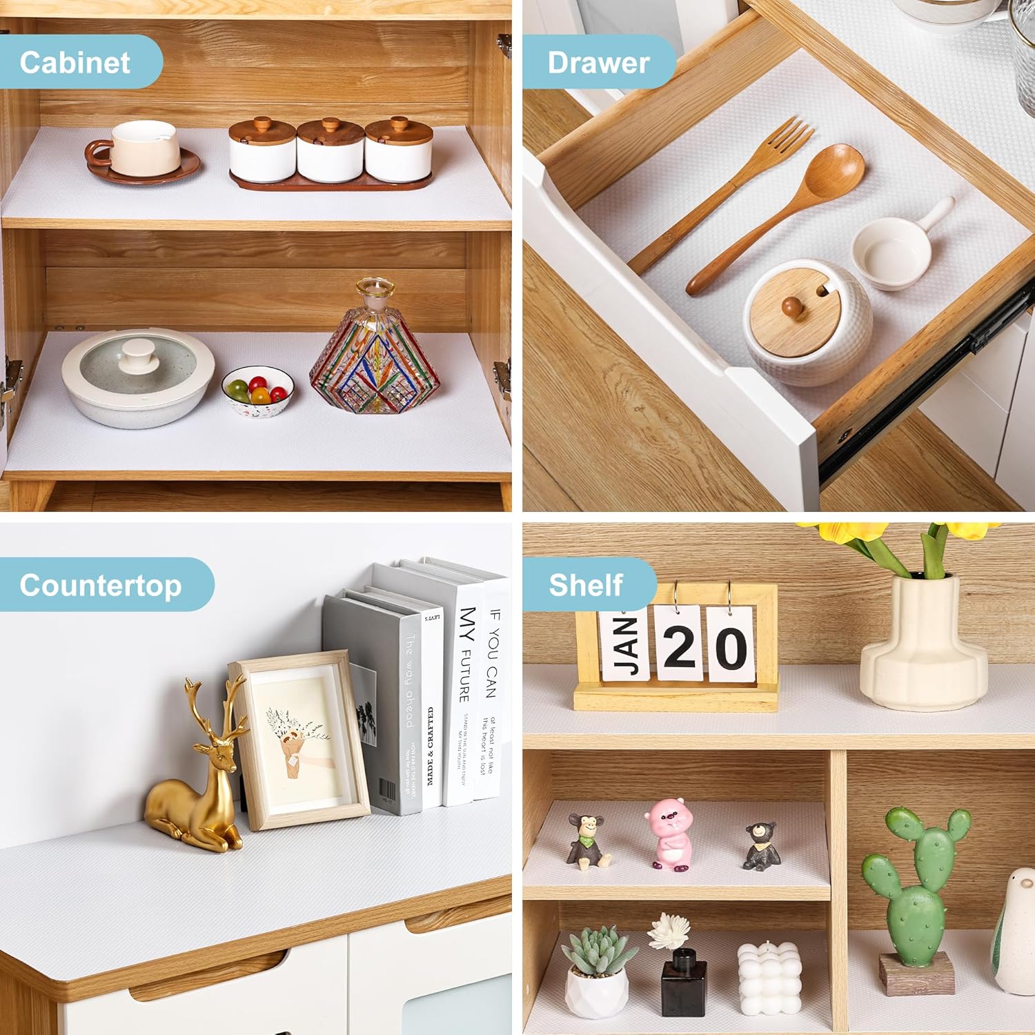 Cabinet Shelf Liner Peel and Stick: White Contact Paper Self Adhesive - 15.7" W x 290" L Non-Slip Waterproof Drawers Liners - Easy to Cut Removable Cupboard Liner for Pantry