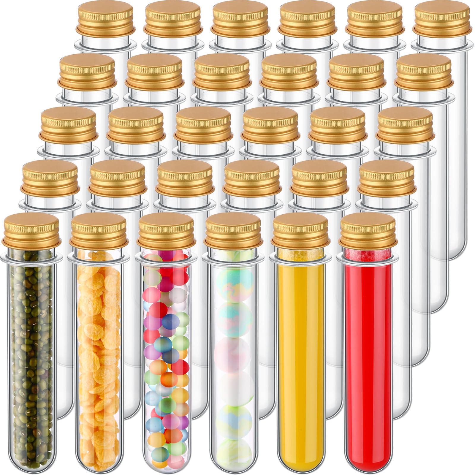 Dandat 50 provette da 40 ml in plastica con coperchio a vite, 28 x 140 mm, trasparenti, per campioni di polvere, semi, perline, regali, feste scientifiche (oro)