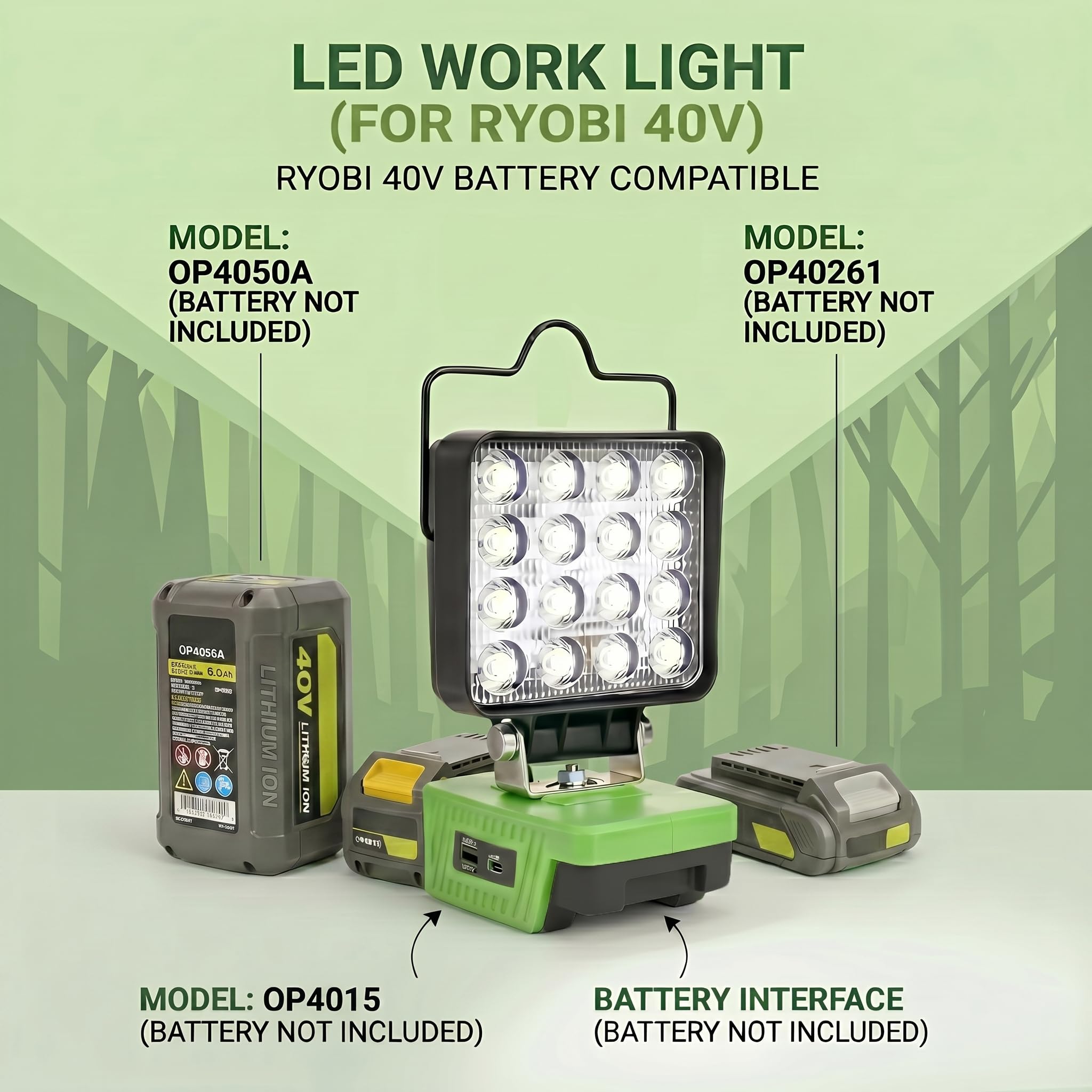 Lámpara de trabajo para Ryobi 40 V, 48 W, 6800 lm, luz de inundación inalámbrica portátil con USB y conector de carga rápida tipo C para herramientas Ryobi, foco LED para camping, pesca, taller (no
