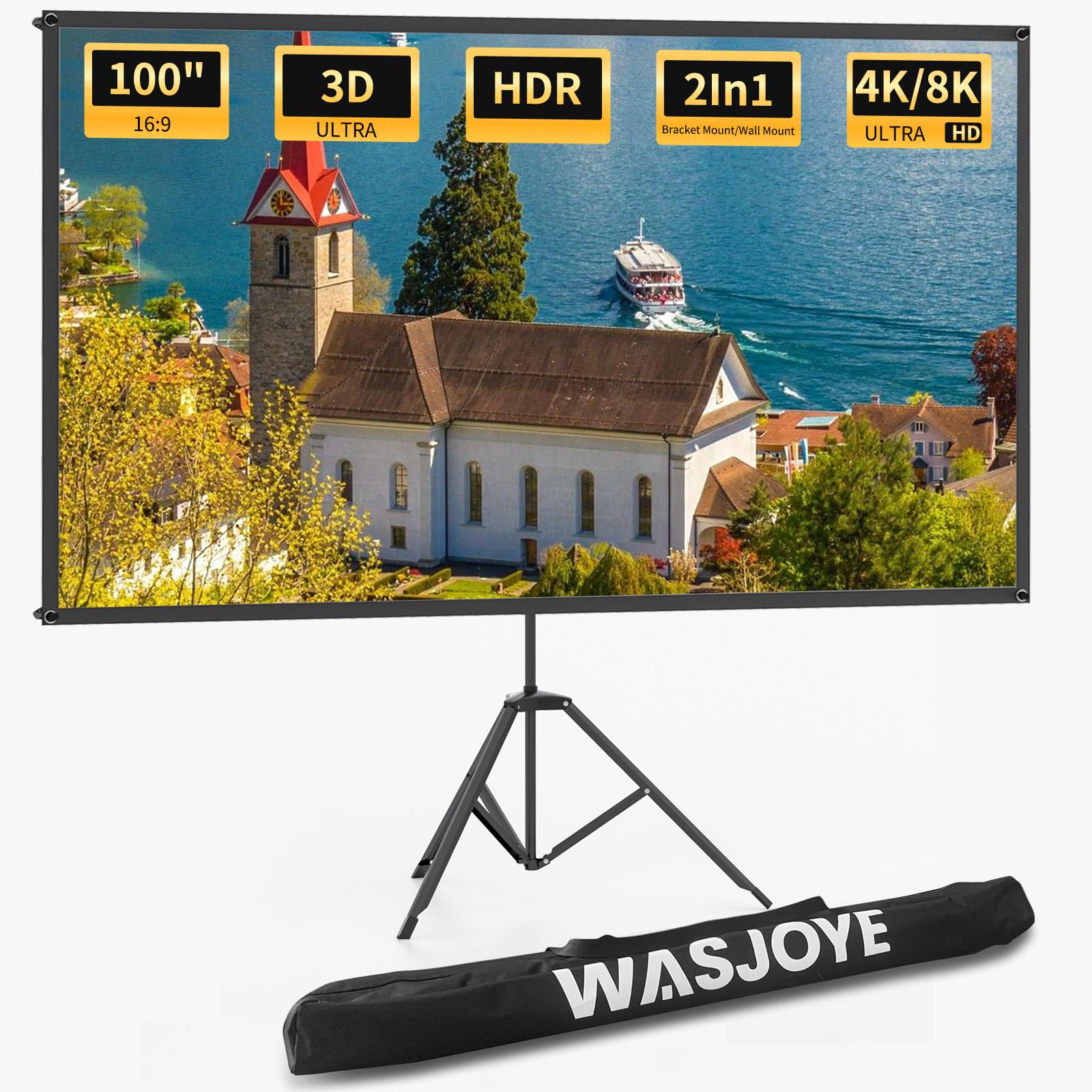 WASJOYE 100 Inch Proiector Screen with Stand, 16:9 4K HD Portable Proiector Screen, Easy Setup and Carrying, Outdoor Projector Screen for Home Cinema, Backyard Party