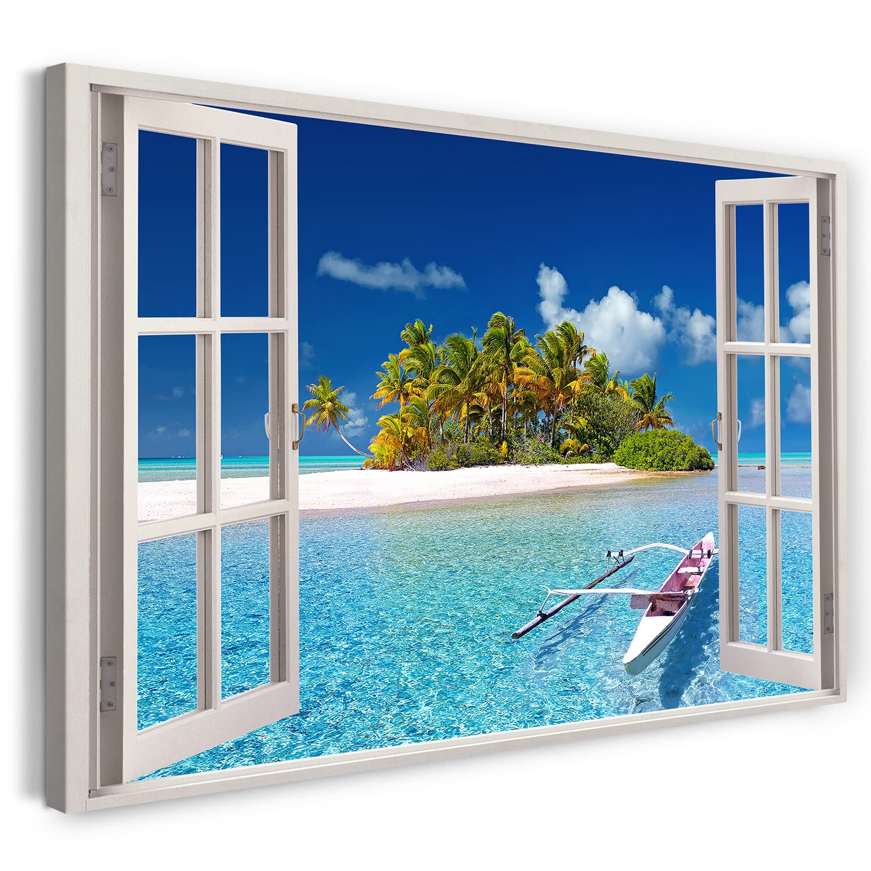 Print on Canvas (100x70 cm) view from the window - island palm trees holiday sea beach - nature photography, real wood frame with hook