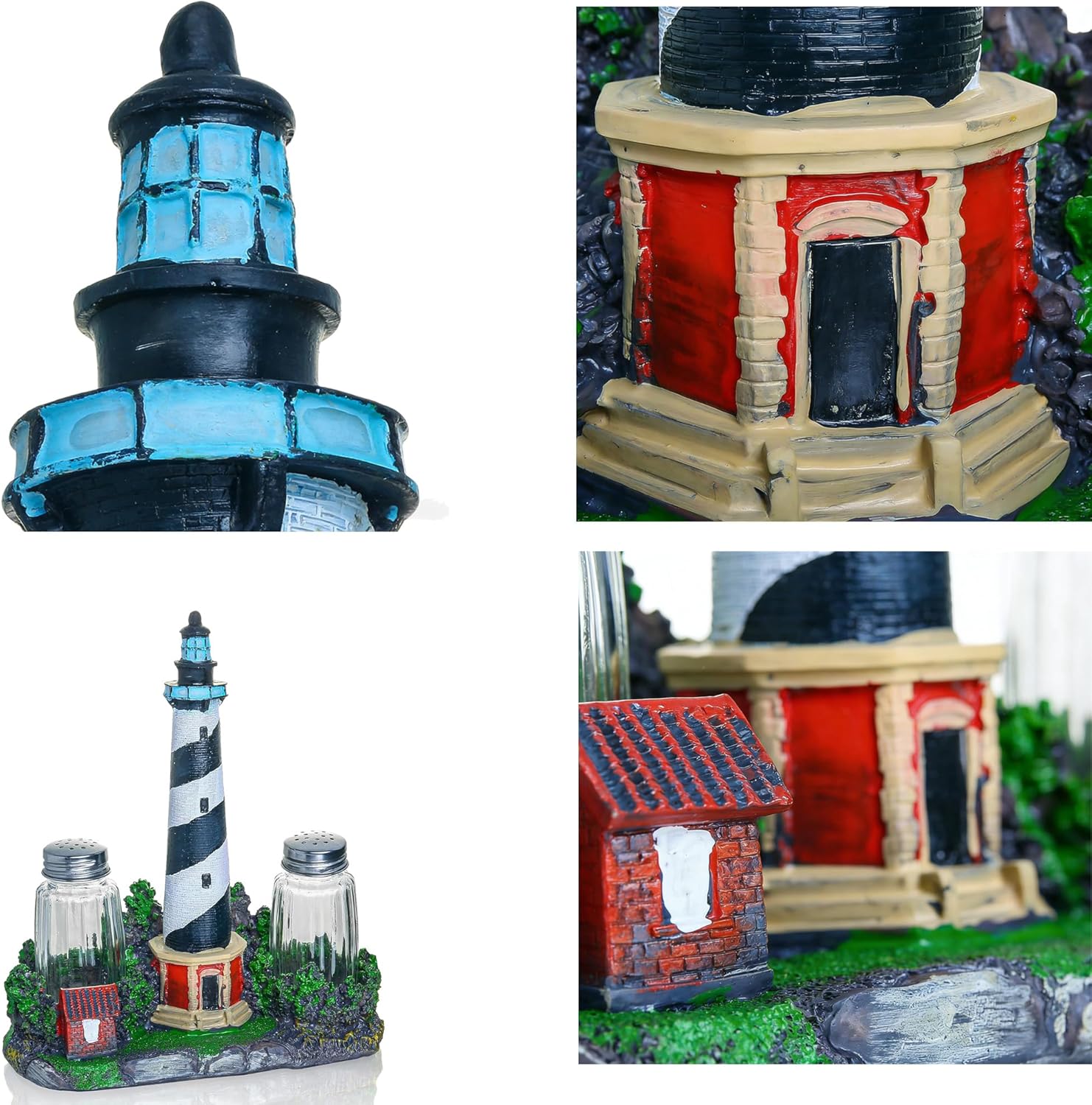 Coastal Lighthouse Salt and Pepper Shaker Set - Bodie Island Lighthouse Decor with Glass Seasoning Bottles, Nautical Kitchen Decor for Beach House, Coastal Themed Accessories and Table Centerpiece