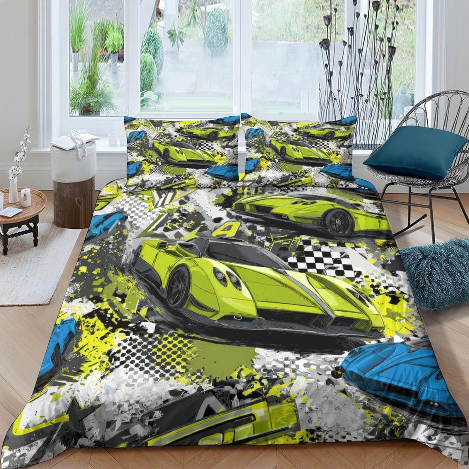 Ctjqhvkz Style-9 3D Printed Racing Car Fitted Sheet Microfiber Soft Breathable Graffiti Bed Cover For Bedroom Guest Room Decor Single（135X200cm）