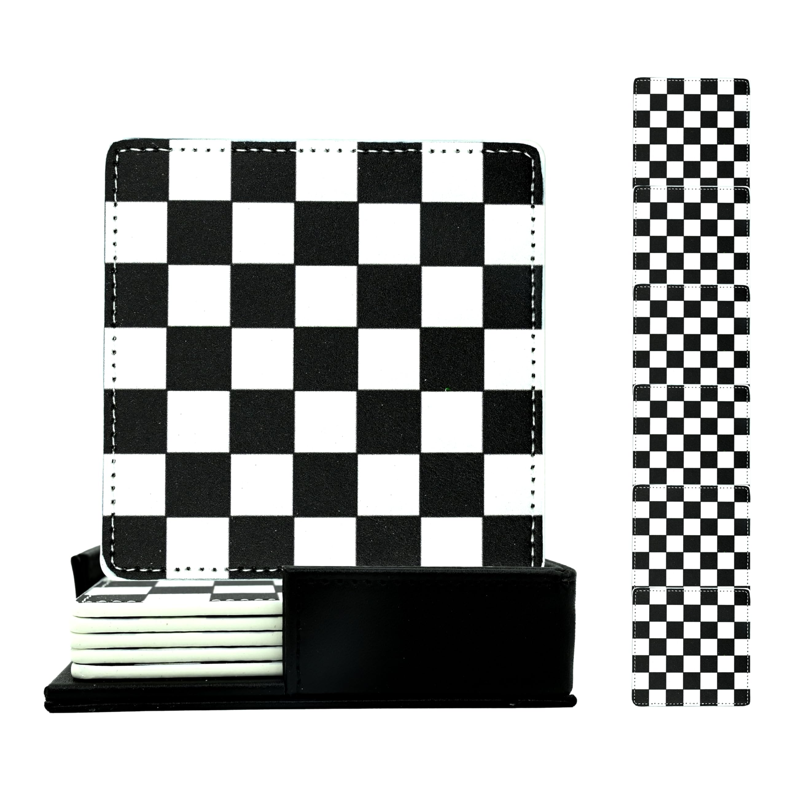 Marble Coasters Square Leather Drinks Coaster Set with Holder for Coffee Table Bar Home Decor 4 Inches Set of 6 (Checkered, One Size)