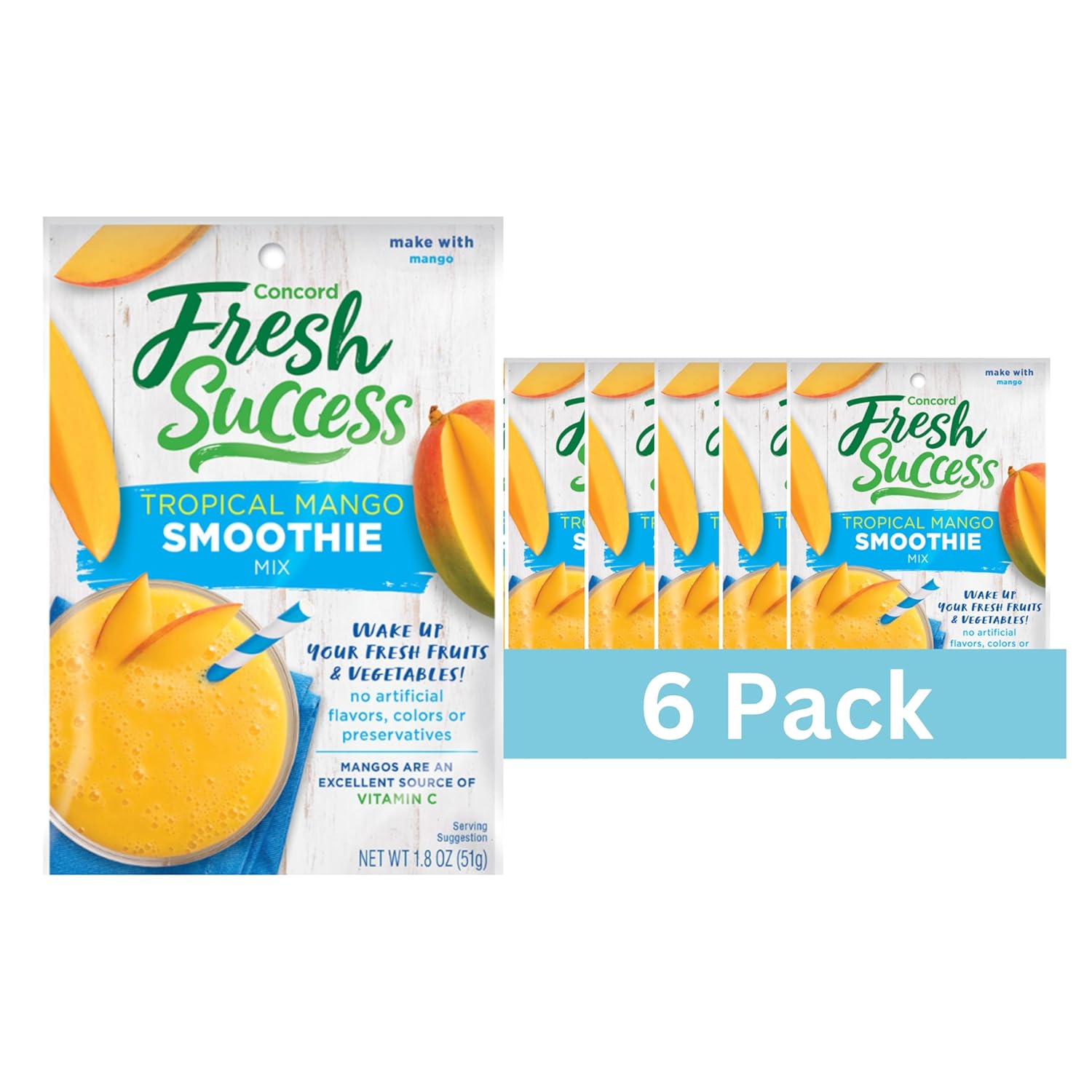 Concord Foods Tropical Mango Smoothie Mix - Fruit Flavor with No Artificial Flavors, Colors, or Preservatives - Ideal for Fresh Fruit Smoothies - 1.8 oz Pouch for Healthy Smoothies (Pack of 12)